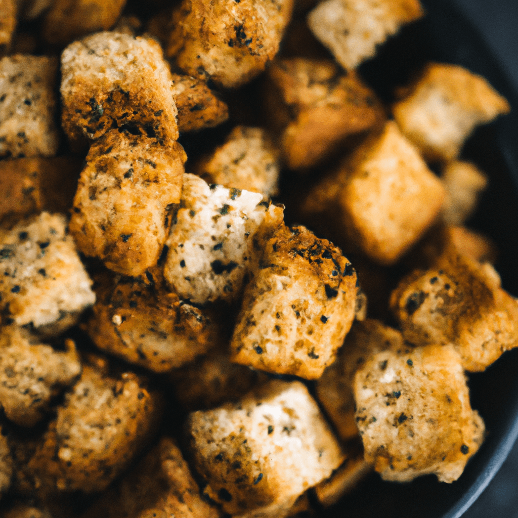 Golden brown croutons perfectly cooked in an air fryer.