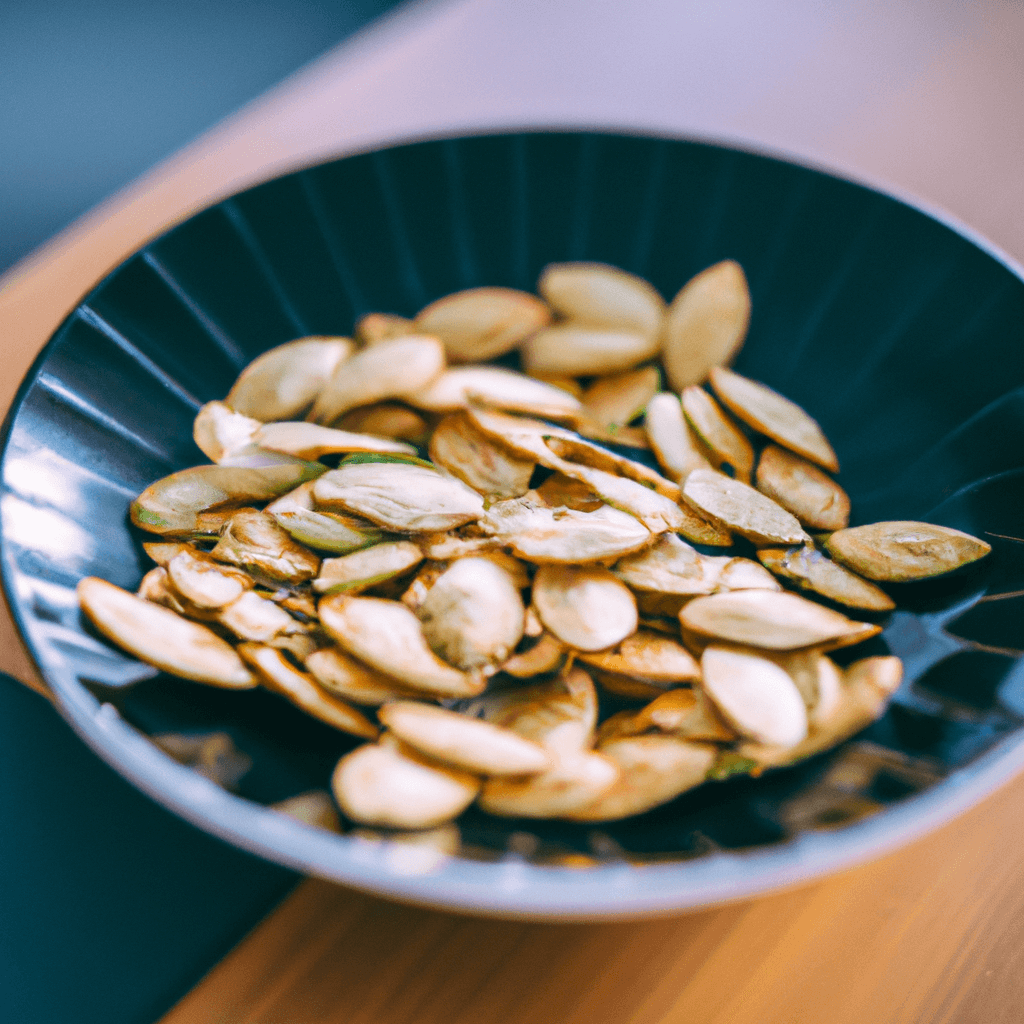 A close-up of crispy, spicy pumpkin seeds with a hint of red from paprika