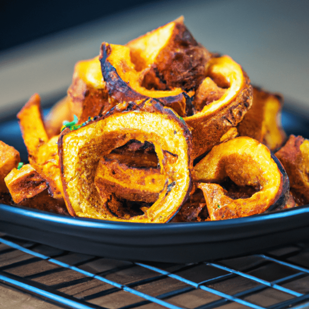Golden air fried butternut squash cubes in a white serving dish.