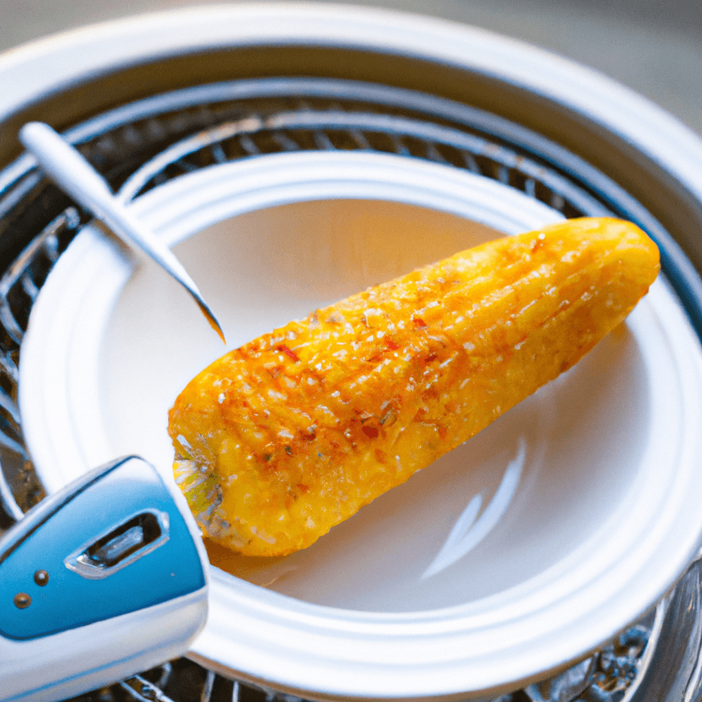 Air fryer basket with corn on the cob being cooked