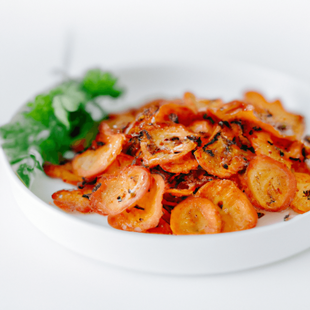 Air fryer basket filled with golden brown carrot chips