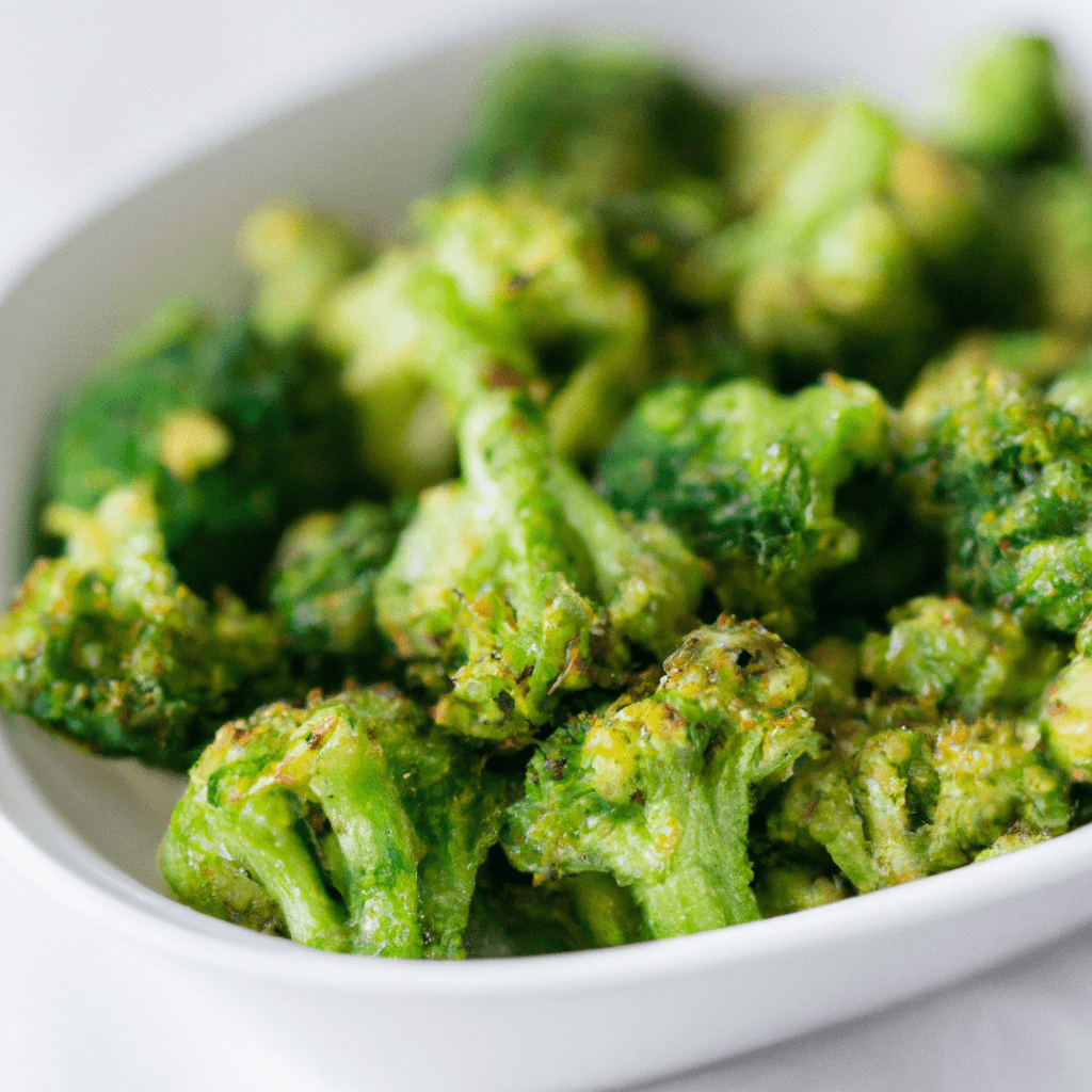 Air fryer basket with cooked crispy broccoli