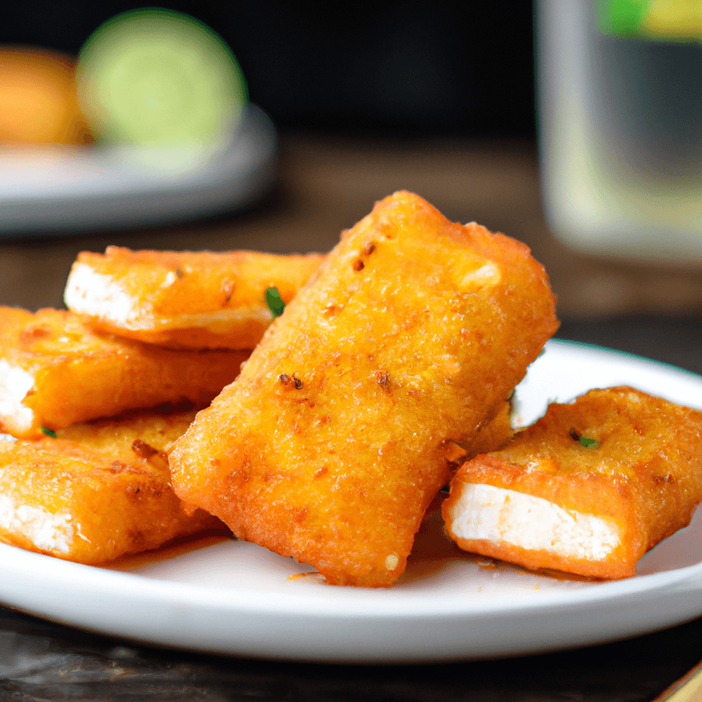 Crispy air fryer fish sticks arranged on a plate with lemon and sauce.