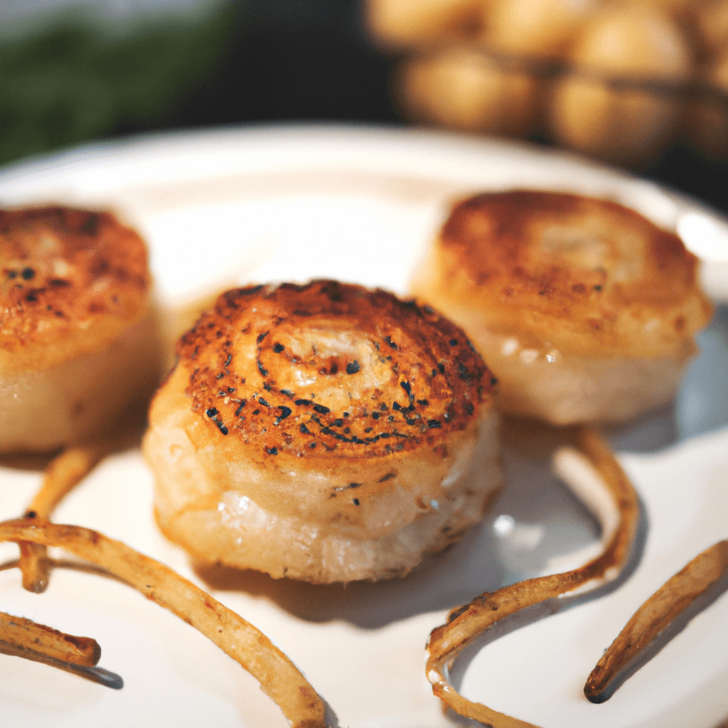 Scallops in an air fryer with browned edges on a plate