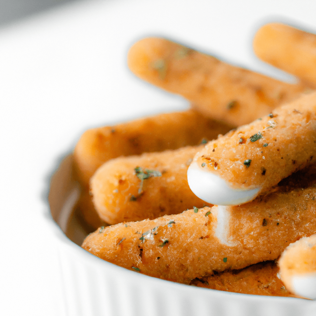 Air fryer basket with neatly arranged breaded mozzarella sticks ready to cook.