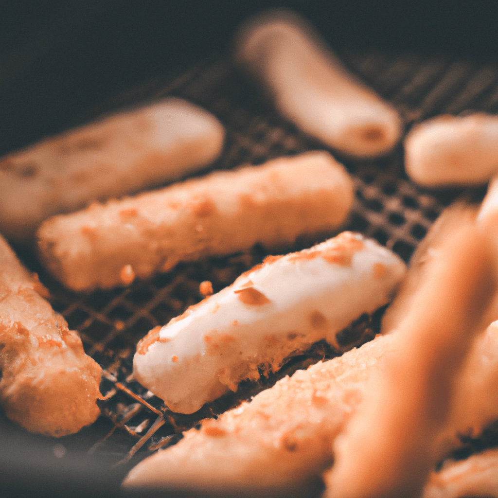 A plate of crispy mozzarella sticks freshly cooked in the air fryer.