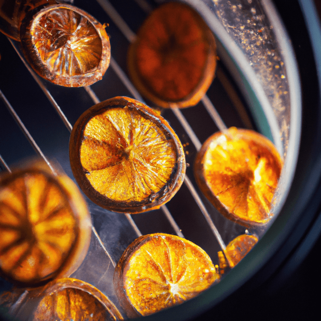 Slices of dried oranges arranged on a white platter.