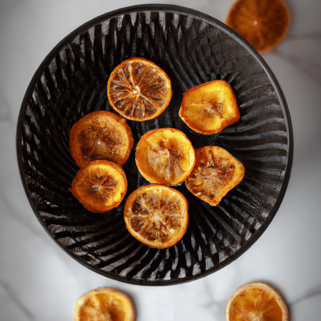Close-up of orange slices in an air fryer basket.