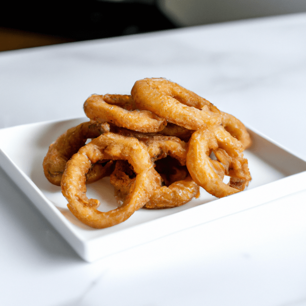 Golden onion rings in an air fryer basket ready to be served