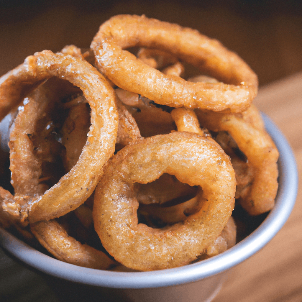 Crispy onion rings served on a plate with a side of sauce