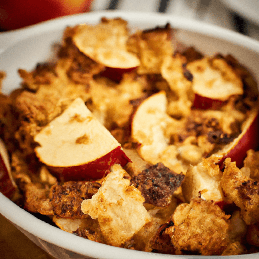 Golden air fryer apple crisp topped with an oat and cinnamon crumble.