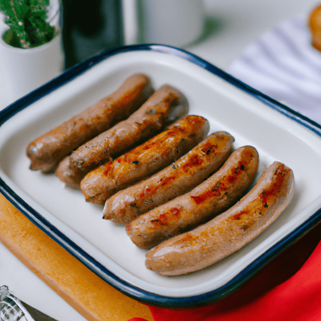 Air fryer basket loaded with perfectly cooked bratwursts.