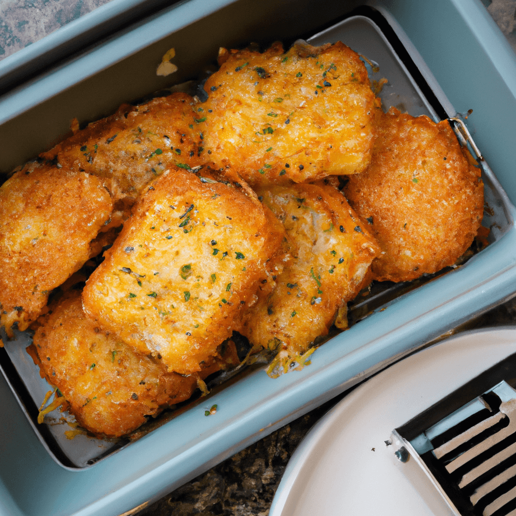 Air fryer basket filled with beautifully cooked golden hash browns