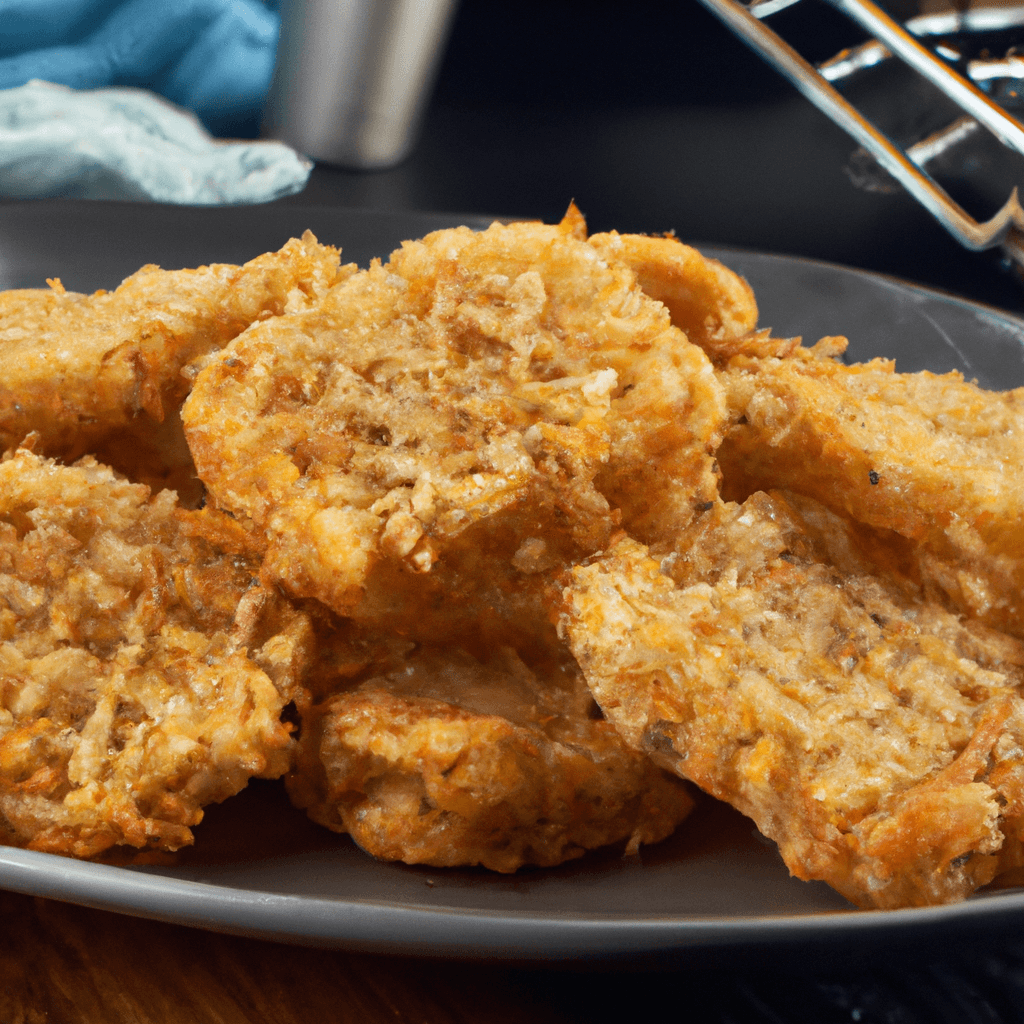Golden crispy air fryer hash browns served on a white plate