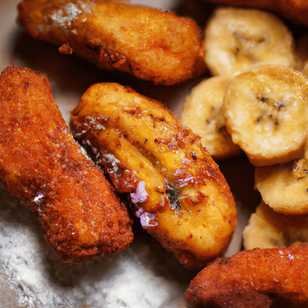 Golden brown air fried banana slices on a plate.