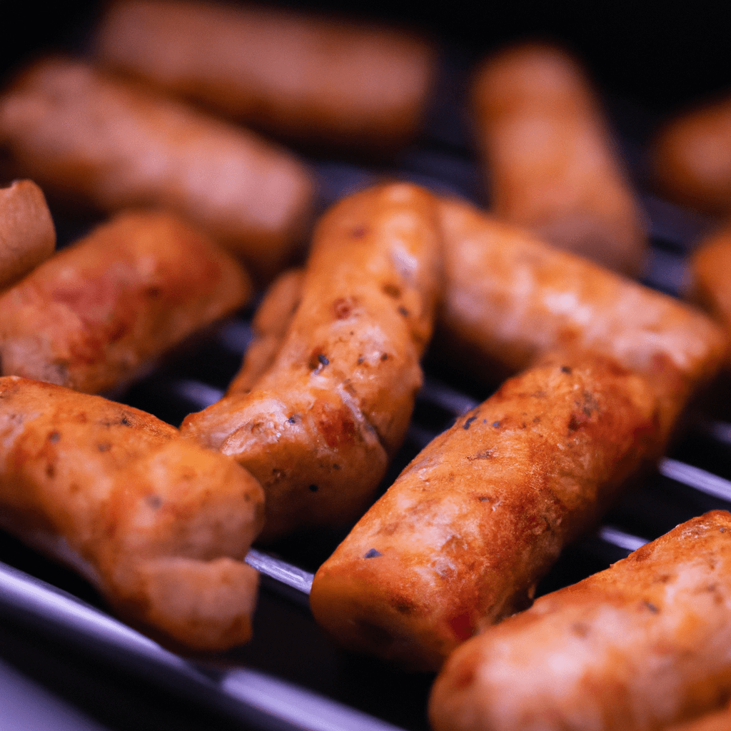 Golden brown chipolata sausages cooked in an air fryer basket.