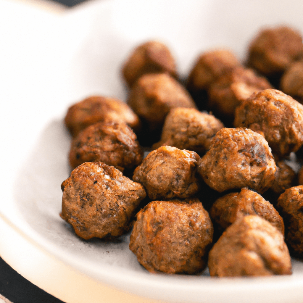 Air fryer basket loaded with a layer of crispy cooked IKEA meatballs.