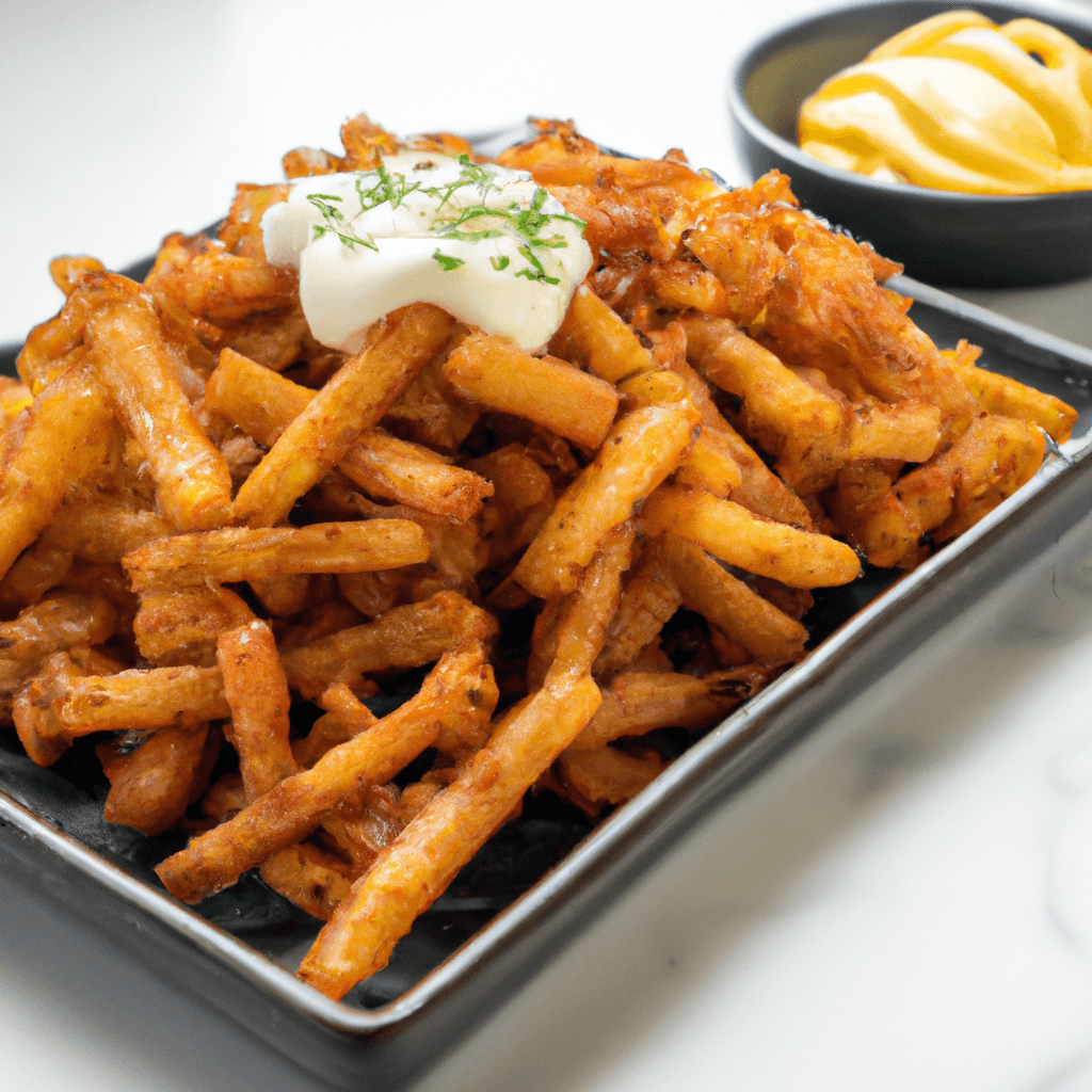 An air fryer basket filled with perfectly cooked cheesy fries