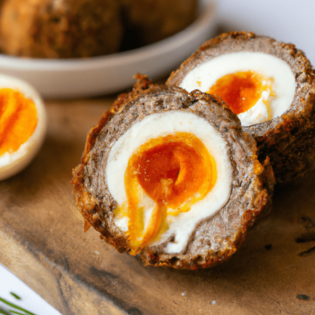 Golden keto scotch eggs arranged on a platter with a garnish.