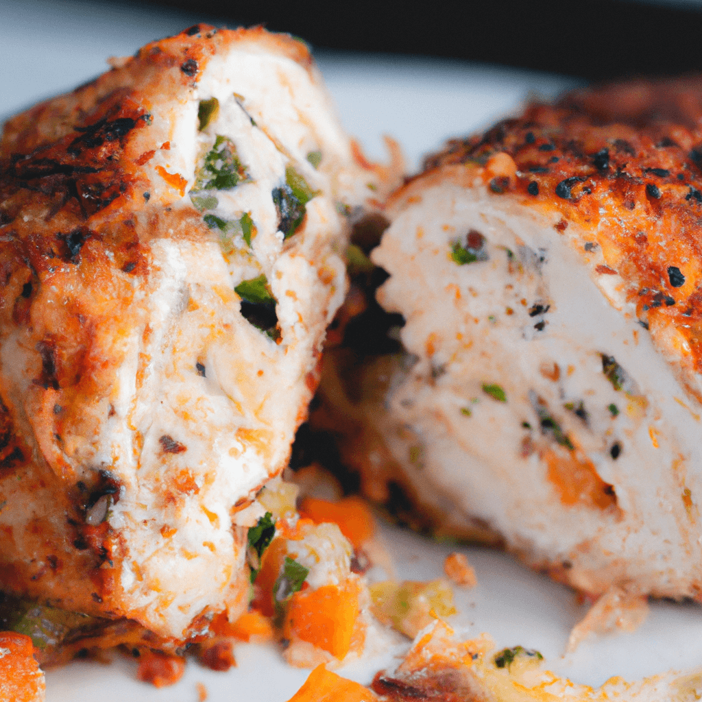 Golden-brown air fryer stuffed chicken breast cut open to reveal a cheesy spinach filling