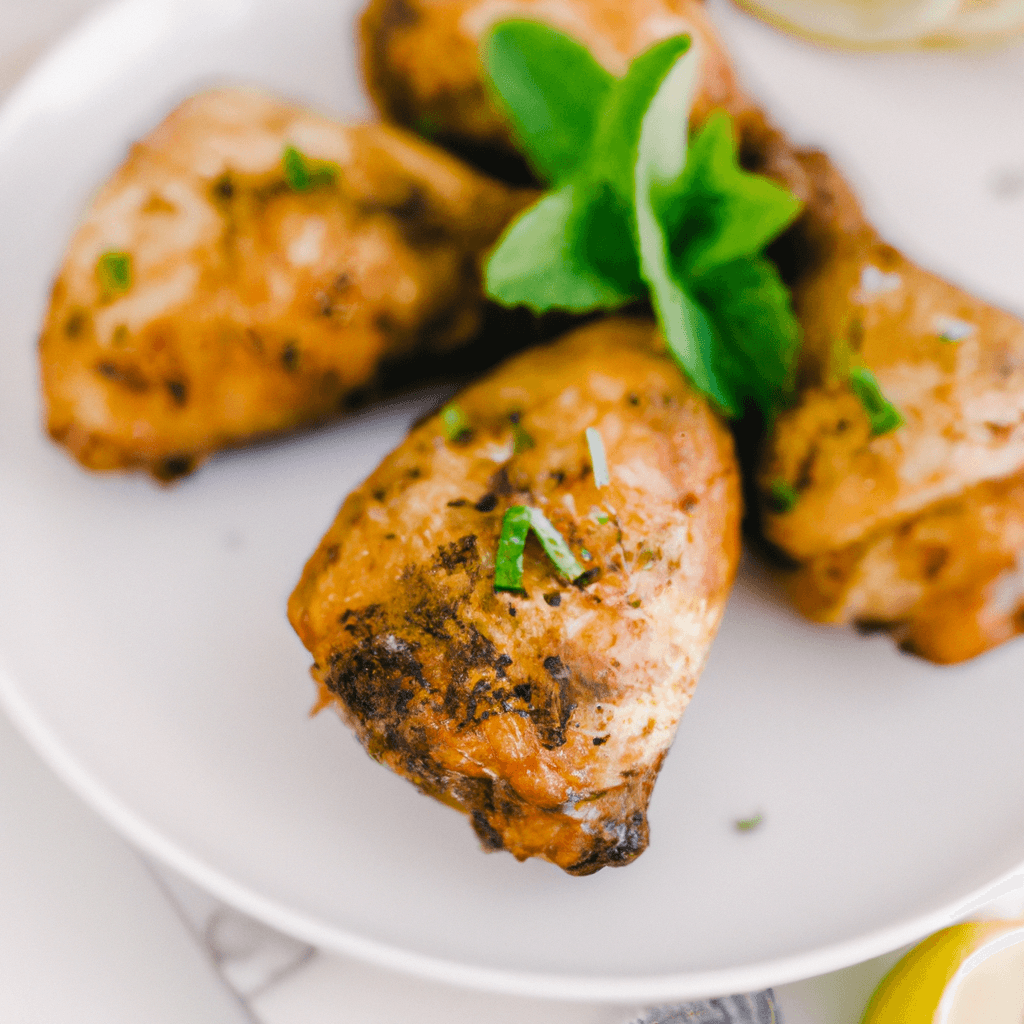 Air fryer basket with marinated lemon chicken thighs.
