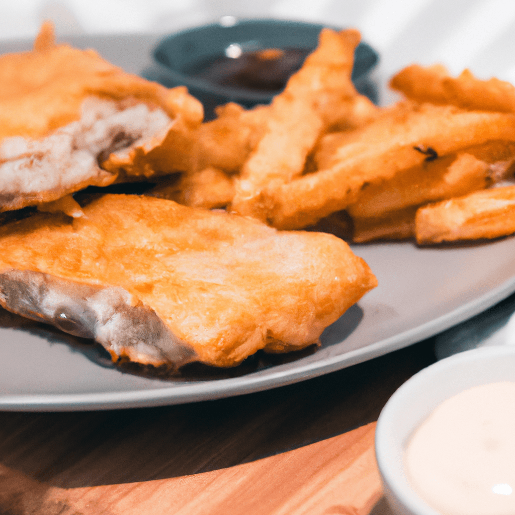 Golden brown air fryer fish fillets on a plate with lemon wedges.