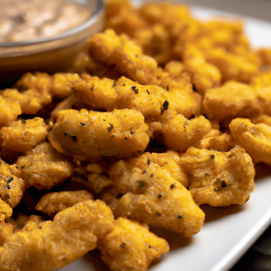 Crispy breaded cauliflower bites on a plate with dipping sauce.