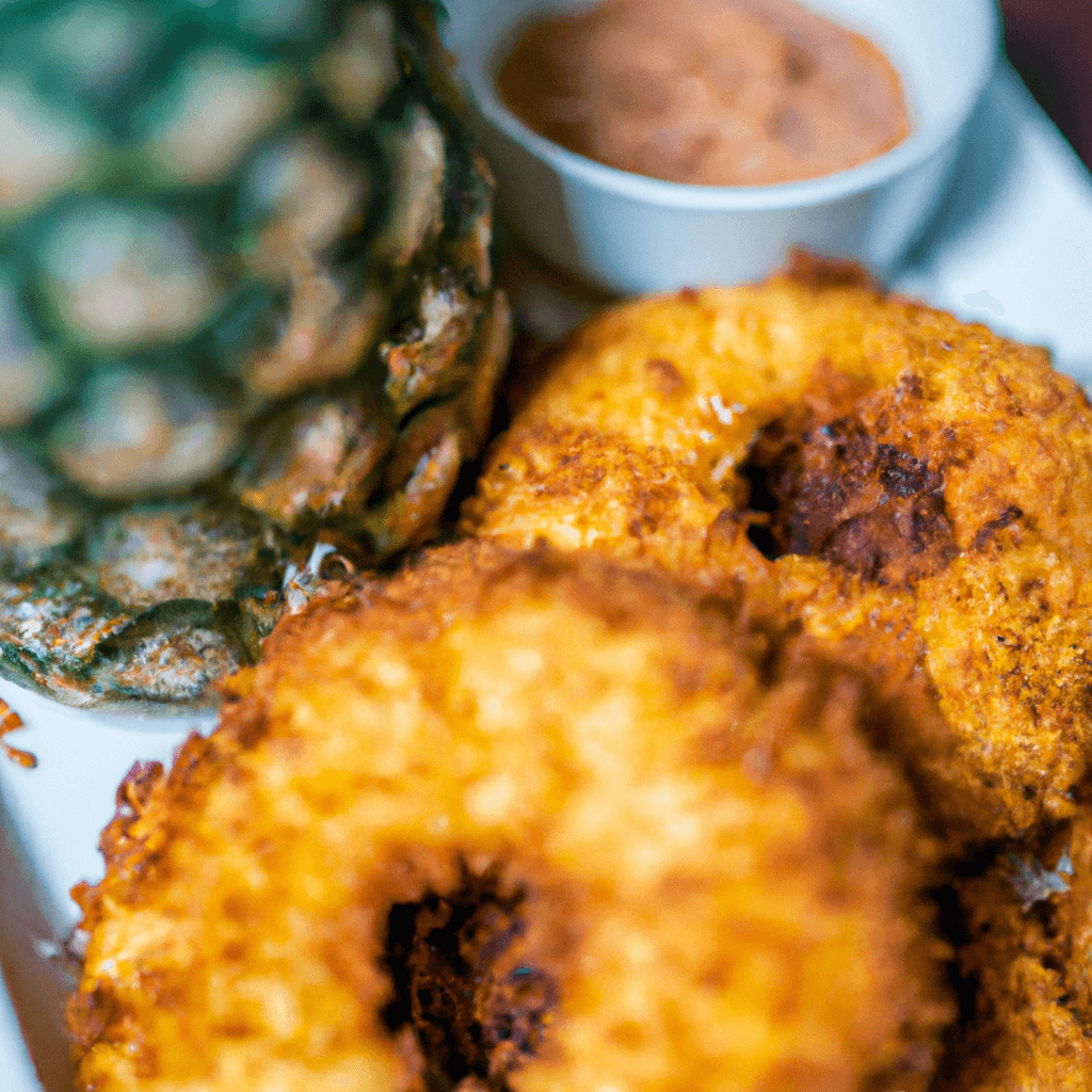 Main image of caramelised air fryer pineapple rings with a golden glaze