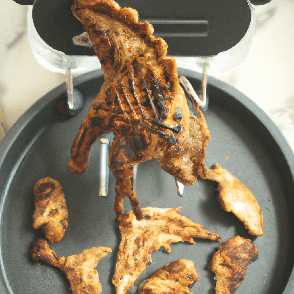 Air fryer basket showing perfectly cooked turkey dinosaur nuggets.