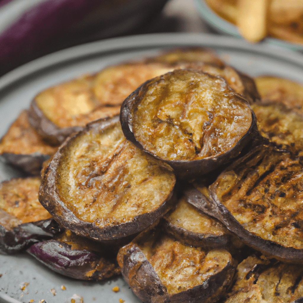 Crispy air fryer eggplant slices on a plate, garnished with parsley and a sprinkle of parmesan