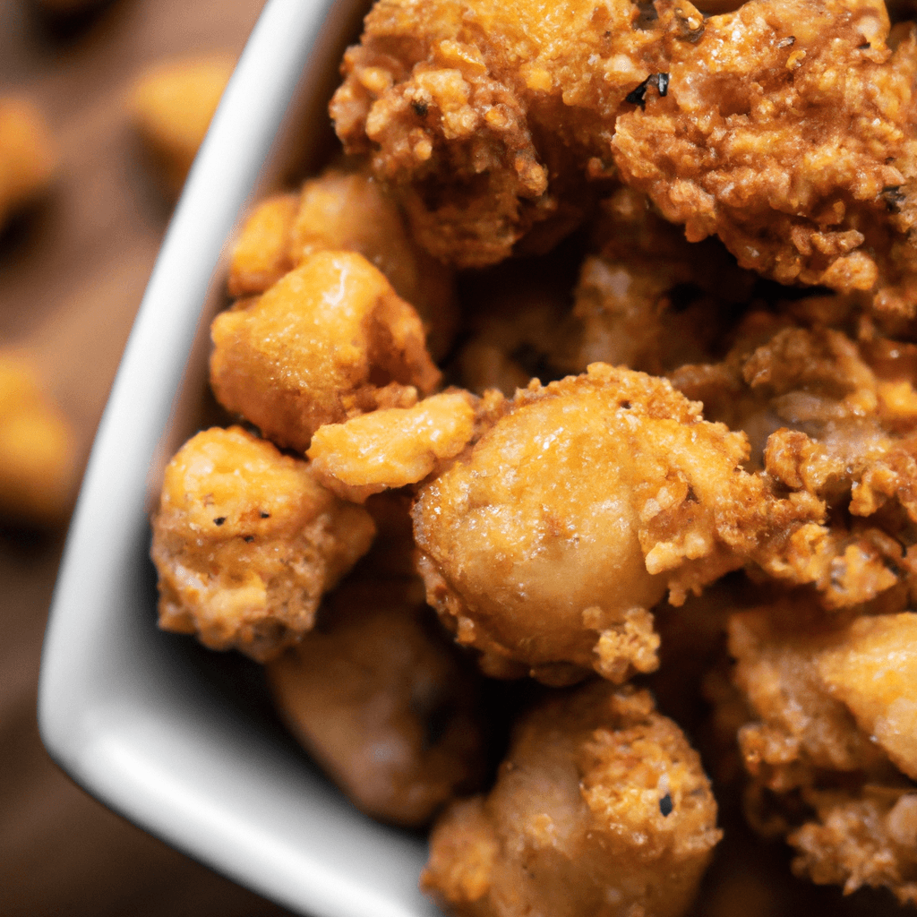 Hero image of crispy popcorn chicken and air fryer condenser on a white plate.