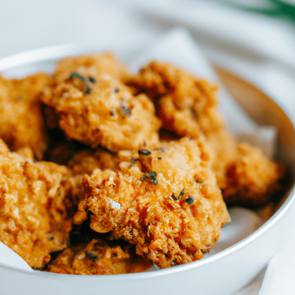 Second image of air fryer basket with evenly spaced golden chicken bites.