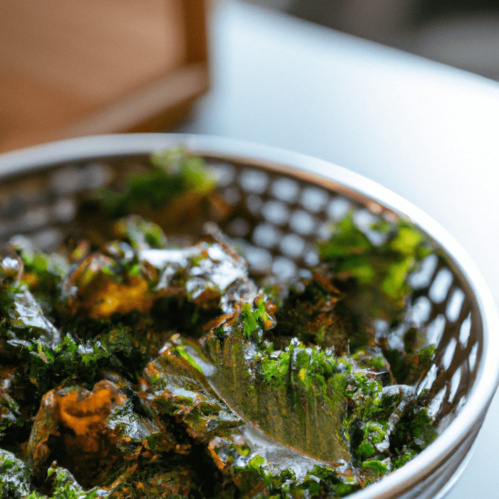 Kale chips arranged in a single layer in an air fryer basket.