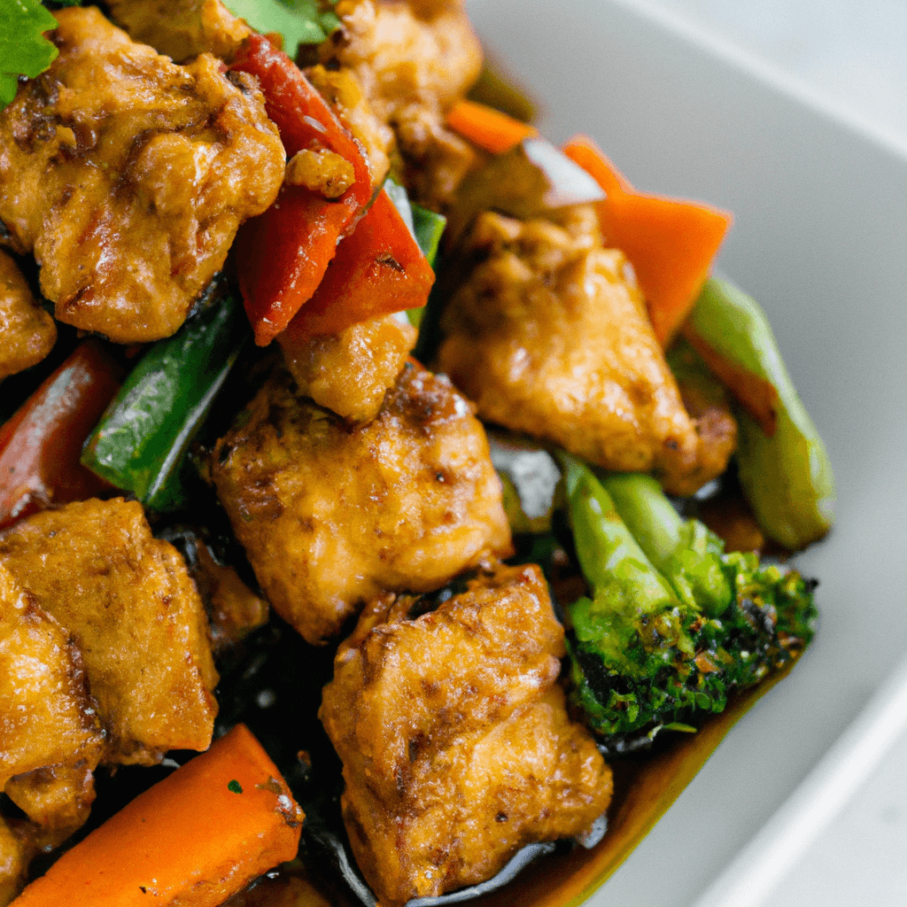 Close-up of stir fry being prepared in an air fryer basket