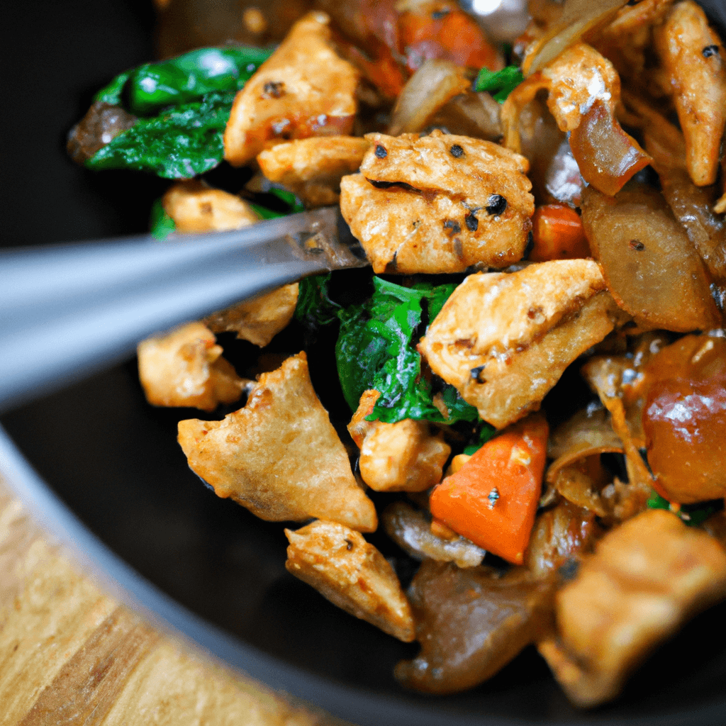 Bowl of vibrant chicken and vegetable stir fry cooked in an air fryer basket