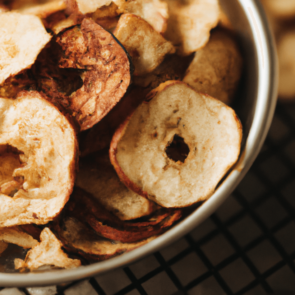 Close-up of crispy air fryer apple crisps on a wooden board