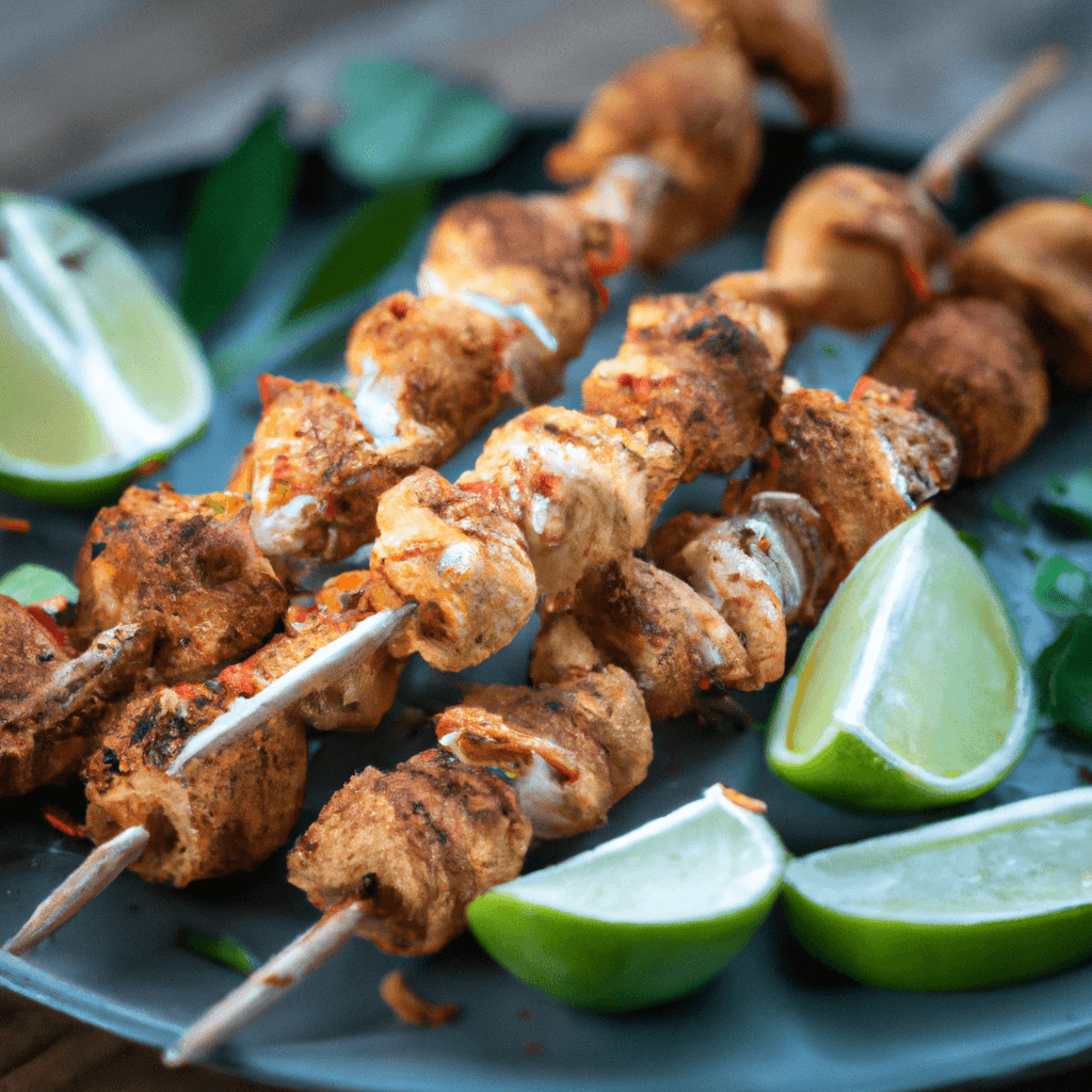 Juicy, crispy air fryer chicken kebabs served hot with lemon wedges