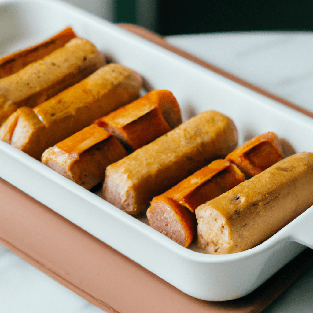 An air fryer basket with lorne sausage cooking inside