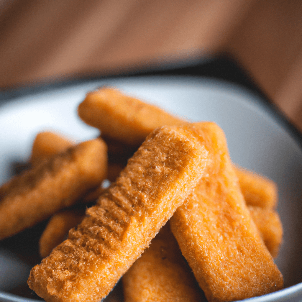 Fish fingers in an air fryer basket with a golden crisp coating