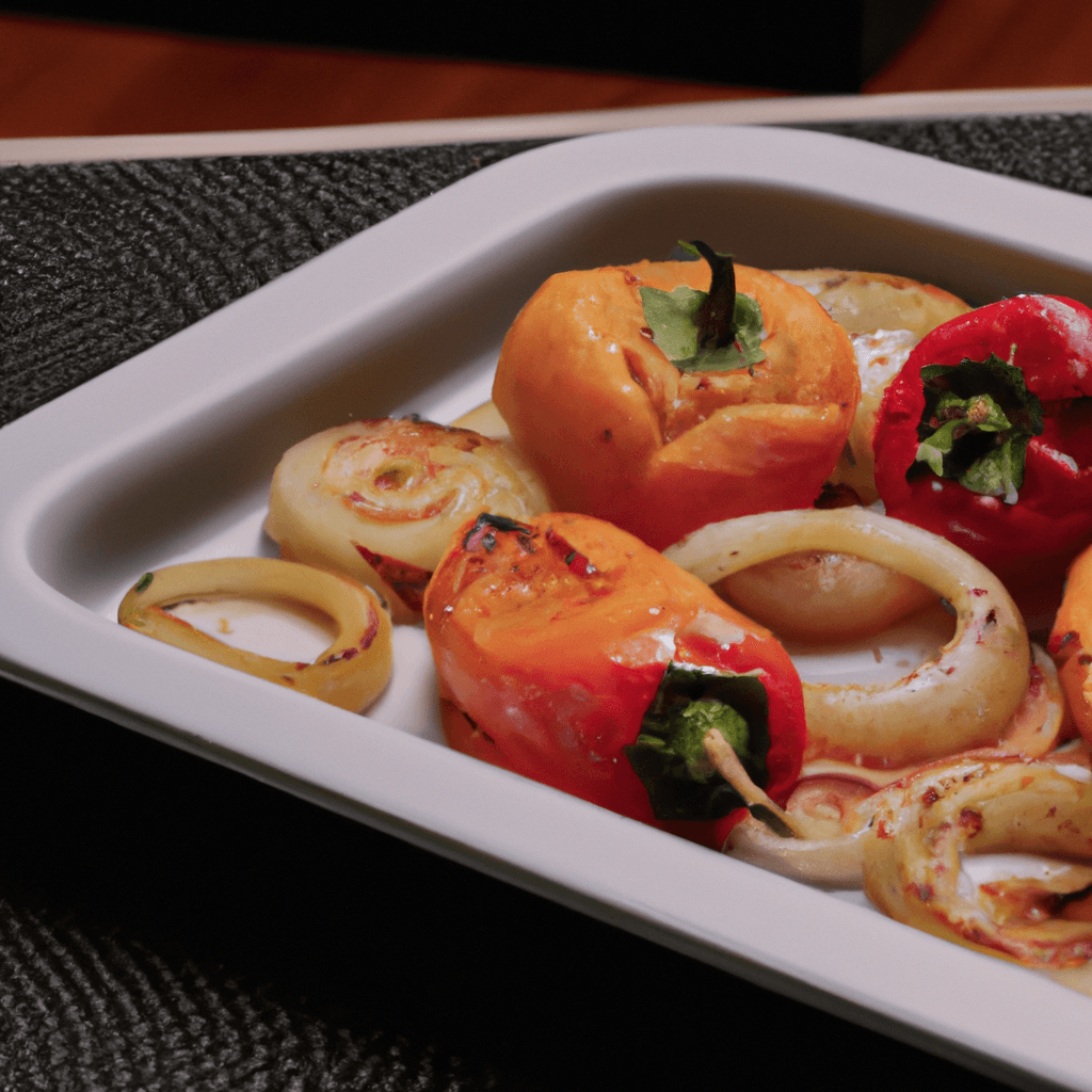 A basket of cooked air fryer peppers and onions, perfectly crispy.