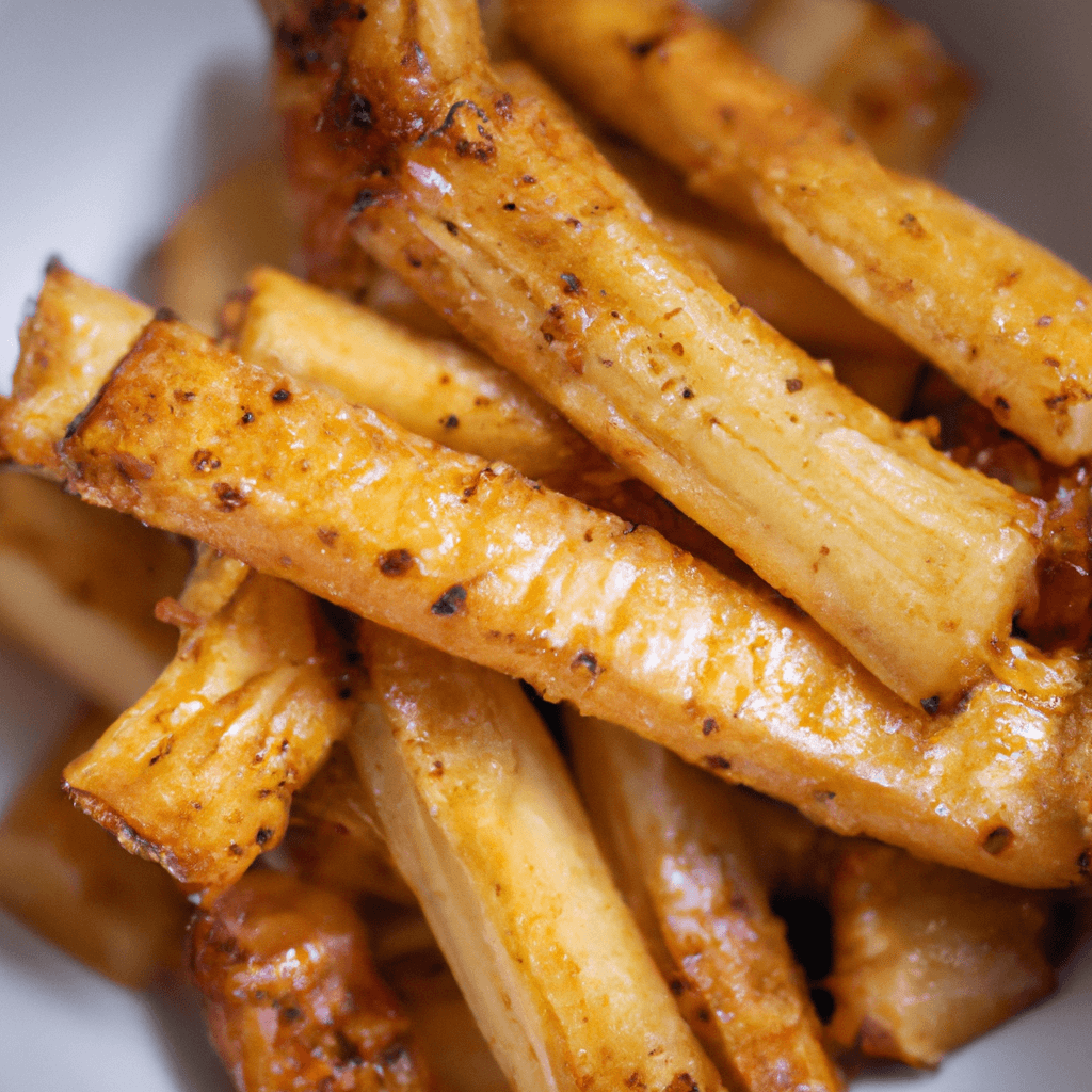 Golden and sweet air fryer honey roast parsnips on a serving plate.