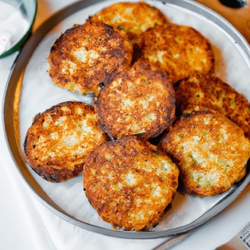 Air fryer basket filled with golden potato cakes.