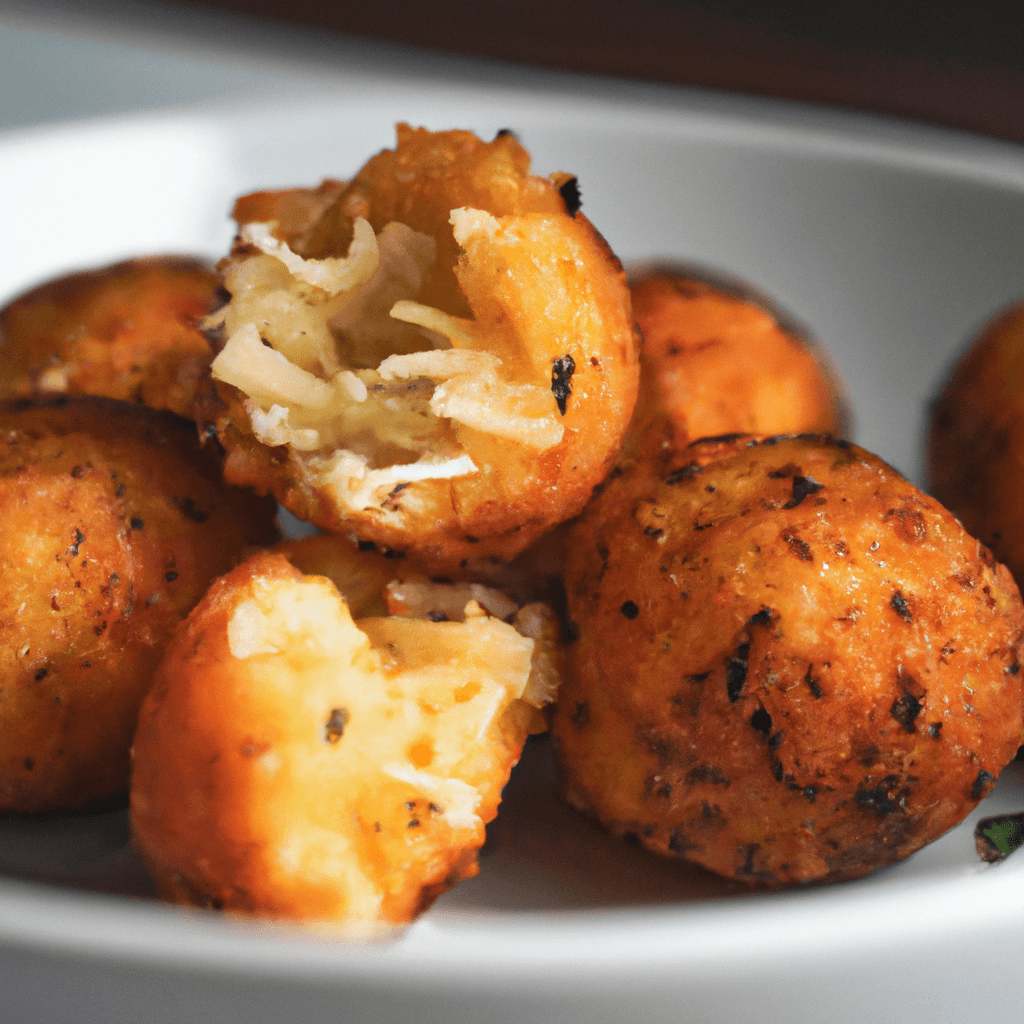 Golden air fryer cheesy risotto arancini served on a platter
