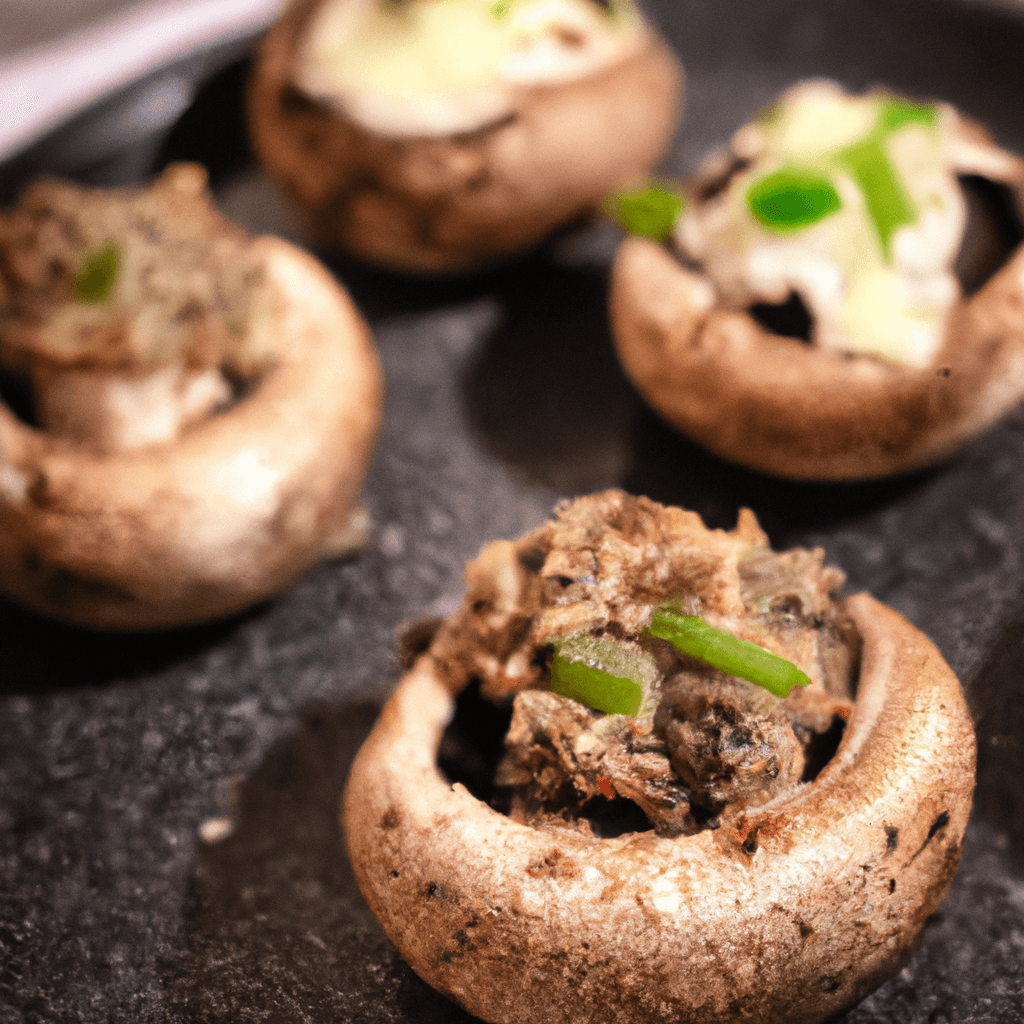 A plate of keto stuffed mushrooms with golden tops, ready to enjoy