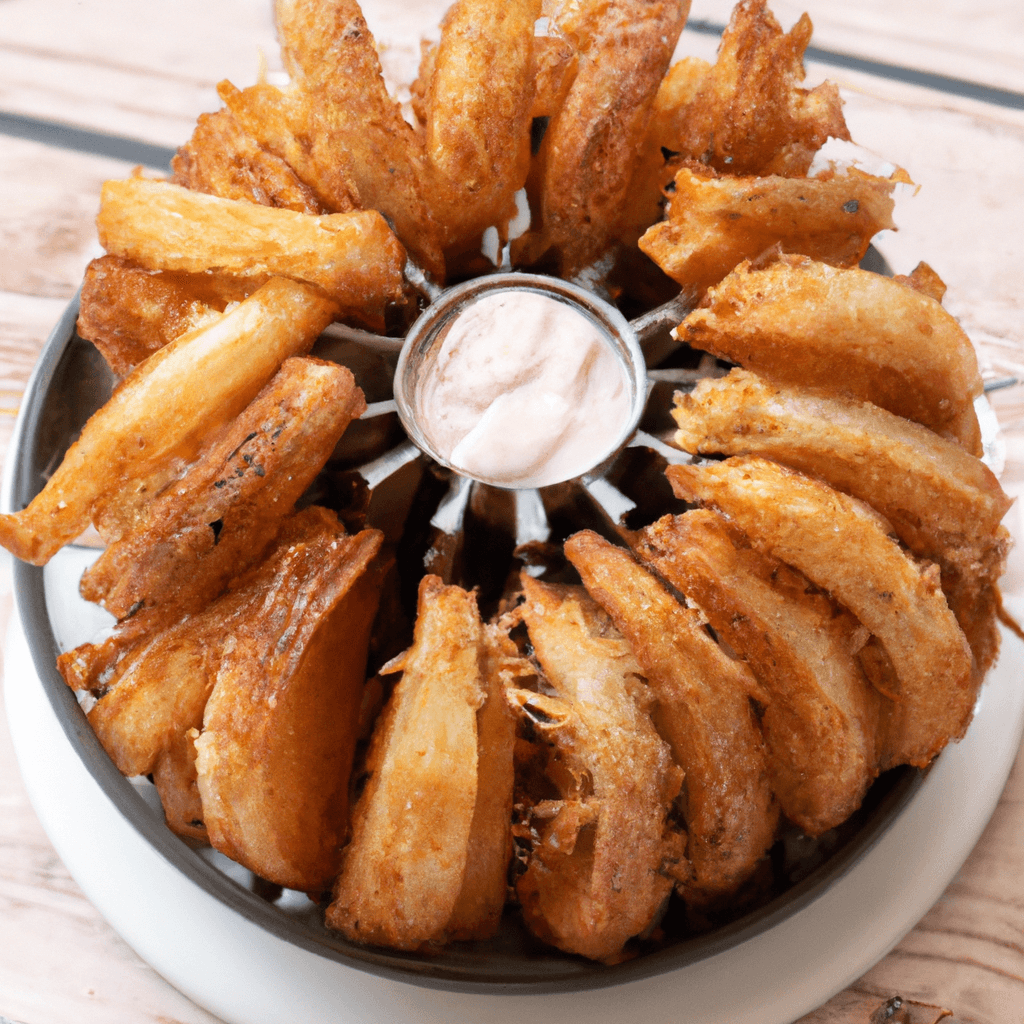 A close-up of the air fryer blooming onion ready to serve
