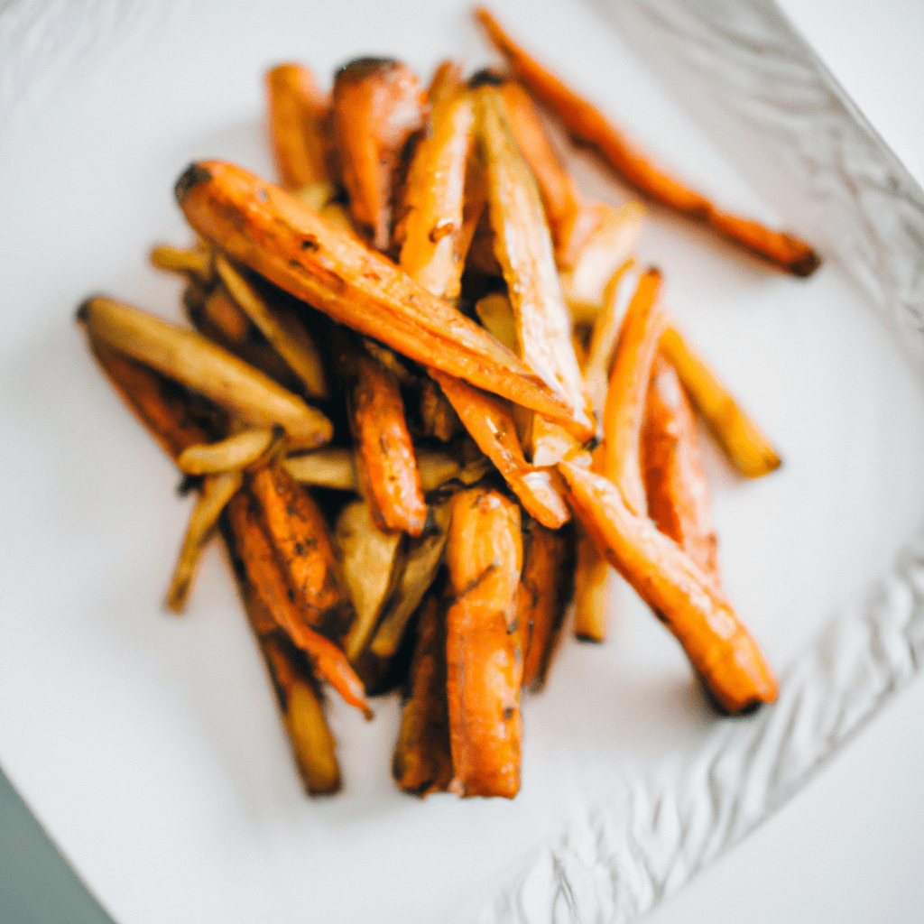 Close-up of the golden brown edges of air fryer roasted root vegetables.