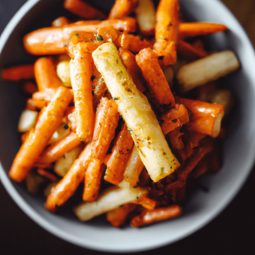 A vibrant plate of crispy air fryer parsnips and carrots garnished with rosemary.