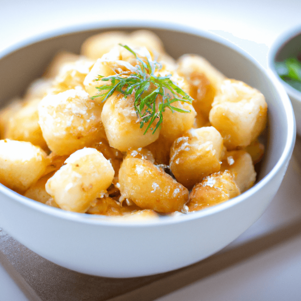 Golden brown gnocchi on a plate ready to serve.