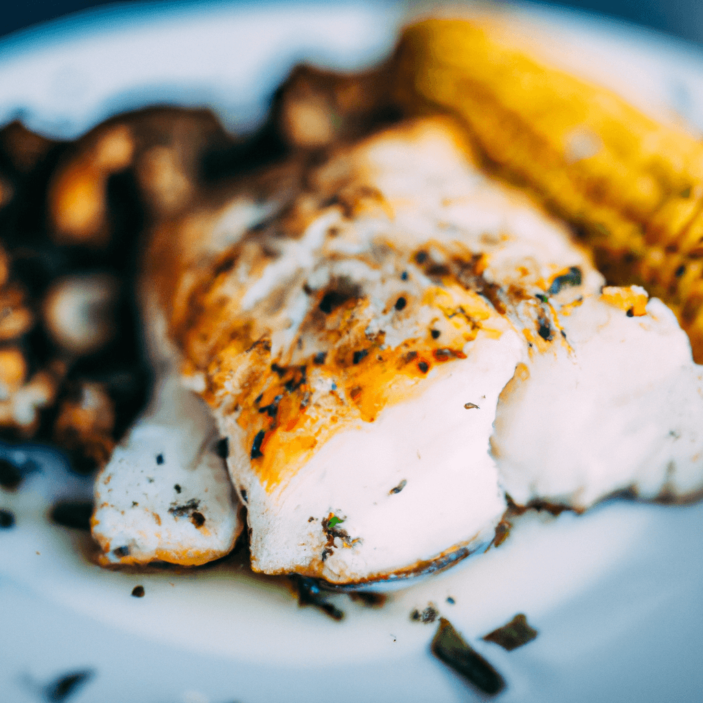 A perfectly cooked air fryer cod loin on a white plate with a slice of lemon
