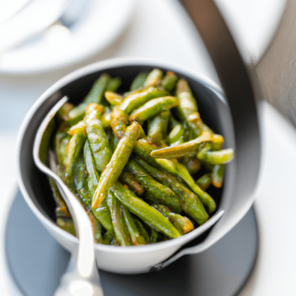 An air fryer basket filled with perfectly cooked breaded green beans